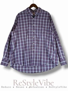PETER MILLAR Men’s Size XXL Shirt Plaid Button Down Style Purple Blue Silk Blend